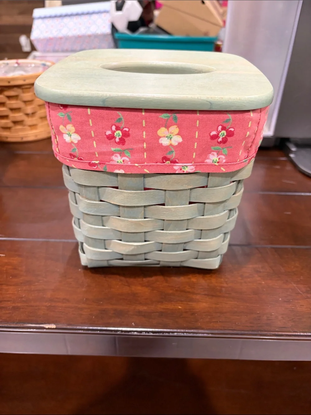 Longaberger Pink Floral and Sage Woven Tissue Basket